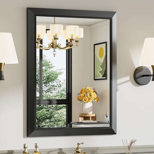 Briivue 24x30 Inch Black Bathroom Mirror for Wall, Thick Metal Framed Rectangle Mirrors for Over Sink, Bedroom, Living Room, Entryway, Anti-Rust, HD Tempered Glass - color: Black, size: 24"L x 30"W