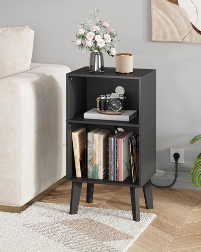 WLIVE Modern Nightstand with Storage, Small Space Bedside Table, End Table for Bedroom & Living Room, Mid Century Night Stand with Open Shelf & Sturdy Wood Legs, Black - color: Black