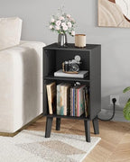 WLIVE Modern Nightstand with Storage, Small Space Bedside Table, End Table for Bedroom & Living Room, Mid Century Night Stand with Open Shelf & Sturdy Wood Legs, Black - color: Black