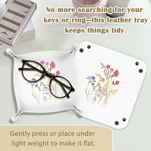 Floral Leather Jewelry Valet Tray, Watercolor Flower Botanical PU Leather Catchall Beside Caddy Nightstand Organizer Tray for Jewelry Rings Watches Keys and Accessories, 7.8x7.8inch