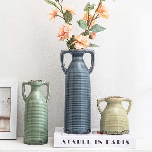 Ceramic Vases Set of 3, Neutral Rustic Farmhouse Vase with Handle, Decorative Flower Vases Home Decor Modern Boho Pampass Vase for Table Mantel Entryway Shelf Living Room Kitchen Bathroom - Multicolor - color: 105-1