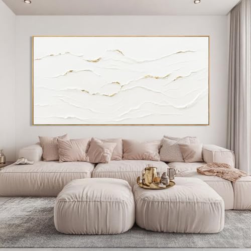 WINKAILIN Large Wavy Line White Abstract Wall Art with Frame Minimalist Modern Hand drawn Painting Textured Poster for Living Room Dining Room Bedroom Decor 29"x58" - color: White and Gold, size: 58"L x 29"W