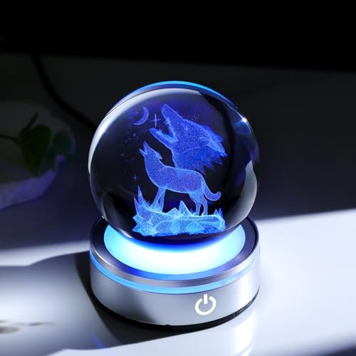 Arikyrist 3.15in. 3D Wolf Crystal Ball Gifts for Women Men, K9 Crystal Decorative Ball Engraved Wolf Figurine Paperweight with LED Light Base for Home Office Decoration for Birthday Christmas - color: Wolf