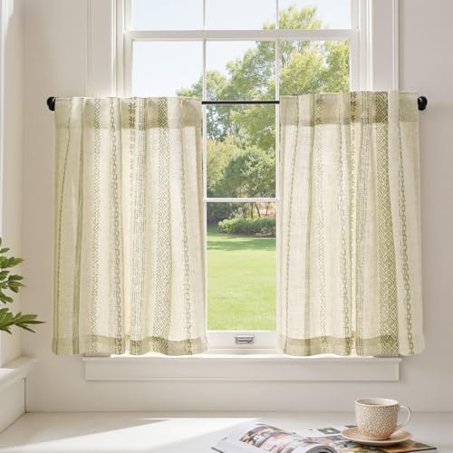 jinchan Boho Kitchen Curtains 24 Inch Linen Tier Curtains with Geometric Pattern Bohemian Cafe Small Light Filtering Window Treatment for Living Room RV Back Tab 2 Panels Green on Linen - color: Liora | Green on Linen, size: 26"W x 24"L (Pack of 2)