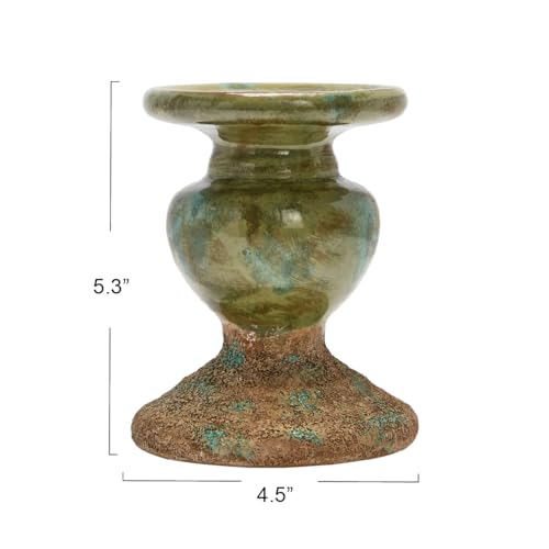 Creative Co-Op 2-Tone Sculptural Terracotta Pillar Candle Holder, Distressed Green - color: Green, size: 4.5" W x 5.25" H