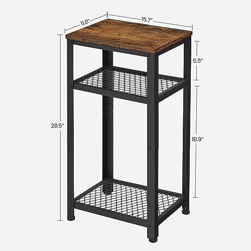 VASAGLE 3-Tier Tall Side Table, Small Telephone End Table Stand with 2 Mesh Storage Shelves for Office, Bedroom, Living Room, Kitchen Cart, Rustic Brown and Black