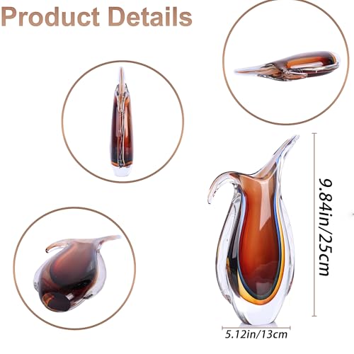 Blown Glass vase, Unique Murano Style Glass Art Deco vase for Living Room TV Stand, Table Setting, Office, Room and Desktop Decorations and Ornaments. - color: Amber