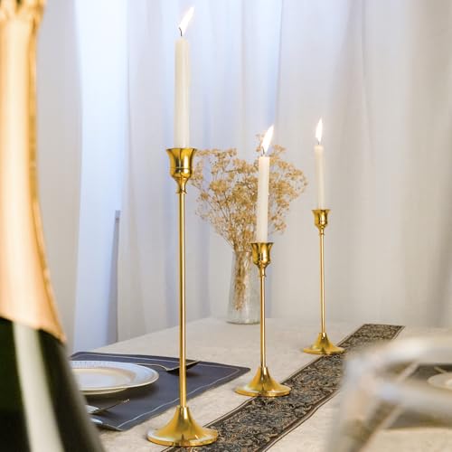 Metal Candle Holders for Candlesticks Taper Candlestick Holders Set Vintage Decorative Centerpiece Candelabra Tall Candle Stands (Gold, 1 Set (3 pcs)) - color: Gold, size: 1 Set (3 pcs)