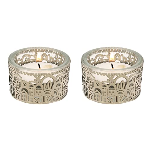 Yair Emanuel Tea Light Candle Holders for Shabbat | Shabbos Candlestick Holders | Glass with Metal Decoration (Jerusalem Silver CSX-3) - color: Jerusalem Silver Csx-3