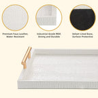 Modern Elegant Large Wood Serving Tray, Set of 2 Pearl White Crocodile Leather with Gold Polished Metal Handles, Home Decorative Rectangle Ottoman Platter Living Room Bathroom Vanity Tray - color: White