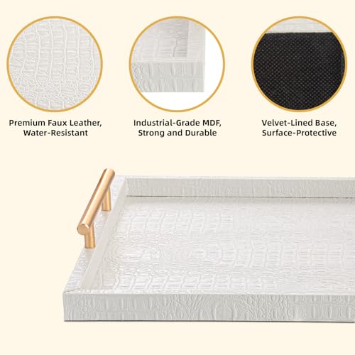 Modern Elegant Large Wood Serving Tray, Set of 2 Pearl White Crocodile Leather with Gold Polished Metal Handles, Home Decorative Rectangle Ottoman Platter Living Room Bathroom Vanity Tray - color: White