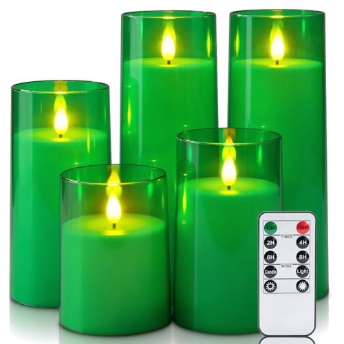 Homemory Green Flickering Flameless Candles, Battery Operated Acrylic LED Pillar Candles with Remote Control and Timer, Set of 5, St. Patrick's Day - color: Green