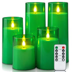 Homemory Green Flickering Flameless Candles, Battery Operated Acrylic LED Pillar Candles with Remote Control and Timer, Set of 5, St. Patrick's Day - color: Green