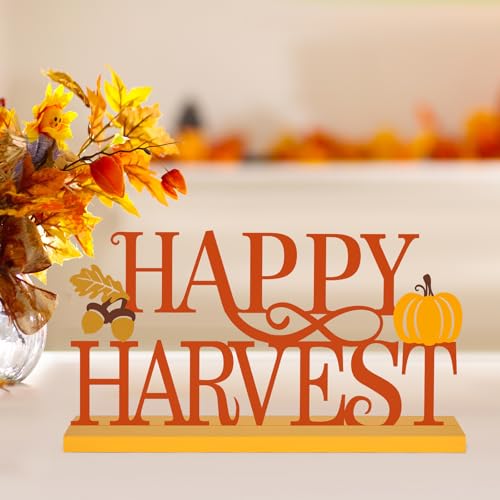 COCHIE Metal Happy Harvest Sign, Orange Fall Decorations for Home, Office, Shelf, Mantel, Indoor, Autumn Pumpkin Decoration, Hello Fall Leave Decor (Harvest) - style: Harvest