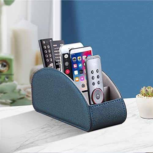 Remote Control Holder, Leather 5 Rooms Desk Organizer and Decorations for Living Room, Bedside Table Remotes Caddy for TV Controllers/ Makeup Brush Pen/ Office Stationery/ Art Supplies/ Eyeglasses - color: Blue, size: Large