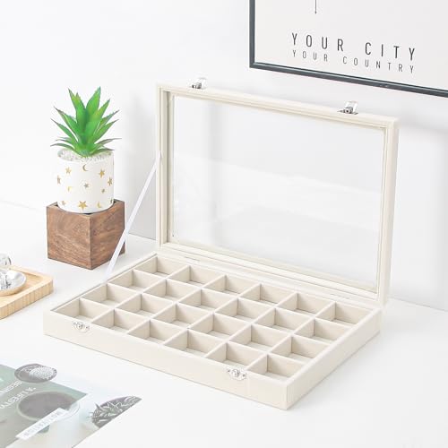 Coward Jewelry Organizer Box, Beige Velvet 24 Grids Ring Earring Jewelry Display Tray Case with Transparent Glass Lid for Home Drawer or Shop Selling - color: Beige Velvet, size: 24Grids Box