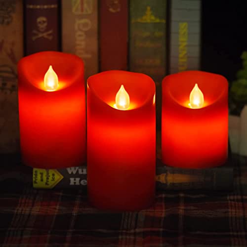 Flameless Battery Operated Flickering Candles:3PACK Red Real Wax Pillar Candle,Electric LED Candle with 10-Key Remote Control and 24 Hours Timer for Home Decoration Holiday Party - color: H14# Red Real Wax