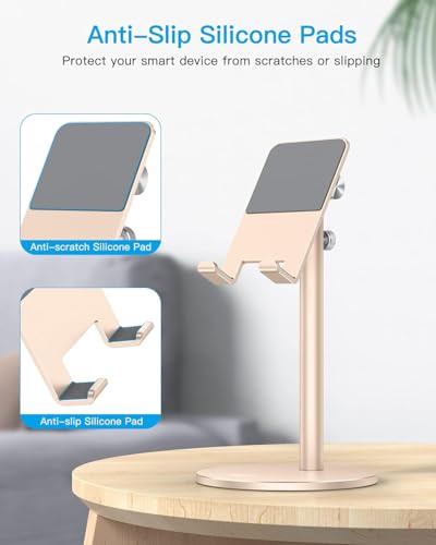OMOTON Cell Phone Stand, Angle Height Adjustable Phone Stand, Aluminum Desktop Phone Holder Dock Stand for Desk, Compatible with iPhone 17 Pro Max, All Smartphones and Tablets(4-11''),Gold - color: Gold