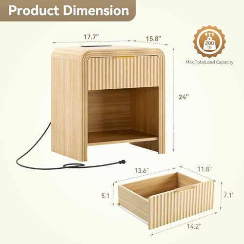 Decofy Fluted Nightstand with Charging Station, Modern Bedroom Side Table with Gold Handles, Curved Profile Design, End Table Wood Organizer for Bedroom, Open Shelf & 1 Drawers (1 Pack, Natural Oak) - color: Natural Oak, size: 1 Drawer( 15.5"D x 17.7"W x