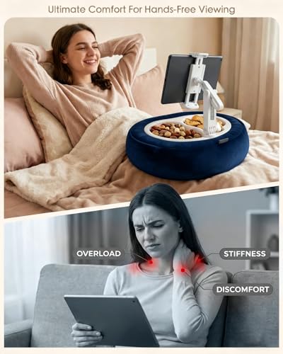 Miledi Tablet Pillow Stand, Compatible with 5"-12.9" Kindle, iPad, Phone/Tablet, 360° Rotating Phone Holder for Bed, Soft Plush Fabric, Detachable Bowl, Reading and Relaxation on Bed, Blue - color: Blue