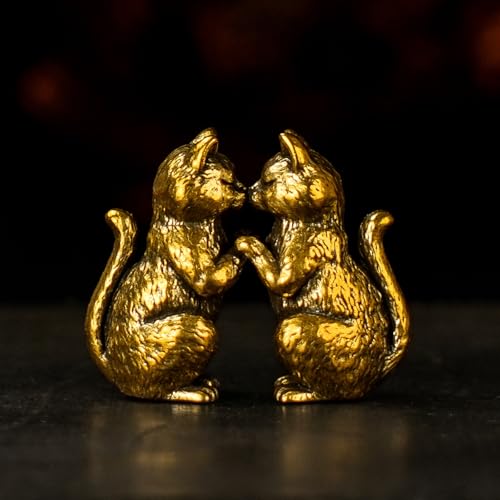 Solid Brass Cat Couple Sculpture Set - Two Style Affectionate Cat Figurines 100% Pure Brass, Handmade Vintage Collectible, Mid-Century Modern Desk Oddity for Home Office & Romantic Gift - Meditation - color: Couple Meditation Cat