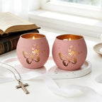 Religious Gifts for Women & Girls, Set of 2 Pink Butterfly Cross Tealight Candle Holders for Table Decor, Christian Baptism, Confirmation, Memorial, Easter Gift