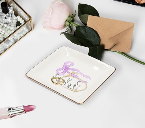 WODMIS Christian Coquette Purple Bow Ceramic Jewelry Tray Dish, Preppy Bible Verse Jewelry Plate Ring Trinket Dish, Trendy Aesthetic Ribbon Gifts for Women Bestie Best Friends 512 - color: Purple