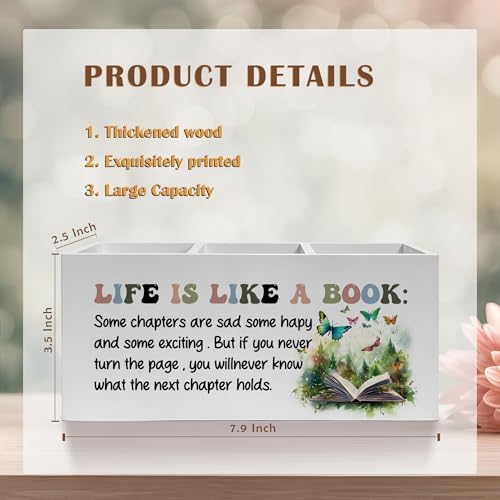 Inspirational Pencil Pen Holder for Desk, Life Is Like A Book Wooden Pencil Holder Organizer for Home Office Library Desk Accessories, Encouragement Gifts for Women - color: Color-Desk accessories white 12