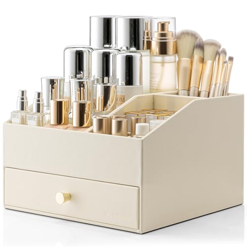 VLANDO Makeup Organzier,Vanity Organizer with Drawers, PU Leather Skincare Organizer Perfume Organizer,Large Cosmetic Display Case for Lipstick,Brushes Gifts for Women-Beige - color: 2 layers-Beige