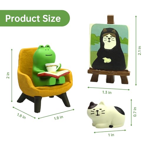 RAQWI Cute Frog Reading on Yellow Sofa Figurine with Cat Painting & Kitten Statue, Mini Resin Animal Set for Office Desk, Bookshelf Decor, Gift for Book & Cat Lovers - color: First Set