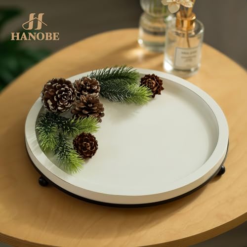 Hanobe Decorative Tray for Home Decor: Round Ottoman Trays for Living Room Coffee Table 12" White Wooden Centerpiece with Metal Footed for Entryway Kitchen Counter