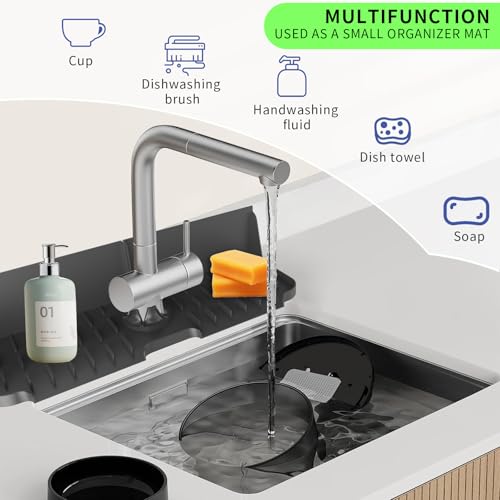 LVJING 17” x 5.5” Silicone Faucet Handle Drip Catcher Tray Mat, Silicone Faucet Mat Dish Soap Sponge Holder for Kitchen Sink, Drying Mat for Kitchen Counter Bathroom Kitchen Sink Splash Guard - Black - size: 17” Black