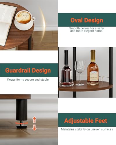 Small Nesting Coffee Table - 3-Tier Oval Accent Table for Small Spaces, Rustic Wood and Metal Couch End Table, Nightstand for Bedroom or End Table Living Room, Easy to Assemble, Rustic Walnut - color: Rustic Walnut, size: 1-Pack, style: With Guard Rail