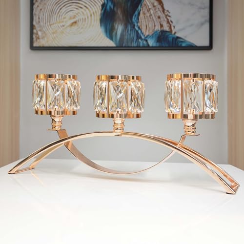 4 Pcs 3-Arm Crystal Tealight Candle Holders, Elegant Metal Arch Candlestick Centerpiece for Wedding, Party, Dining Room Table Decorations, Anniversary (4, Gold-3 Arm) - size: Gold-3 Arm