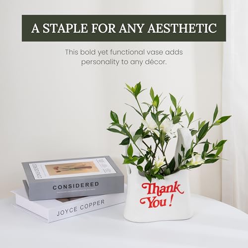 Handmade Ceramic Bag Flower Vase with Red “Thank You” Print | Glossy White Purse Vase for Modern Home Decor, Mantel, Kitchen, Living Room, Table Centerpiece