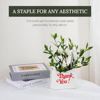 Handmade Ceramic Bag Flower Vase with Red “Thank You” Print | Glossy White Purse Vase for Modern Home Decor, Mantel, Kitchen, Living Room, Table Centerpiece