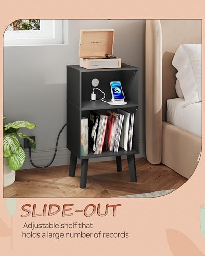WLIVE Modern Nightstand with Storage, Small Space Bedside Table, End Table for Bedroom & Living Room, Mid Century Night Stand with Open Shelf & Sturdy Wood Legs, Black - color: Black