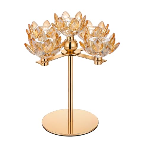 Crystal Candle Holders Lotus Candelabras Gold Arch Candlestick, Centerpiece Table, Home Hecor for Wedding, Dinning Room, Coffee Table, Kitchen, Living Room, Entryway (5 Arms, Gold, Taper Candle) - color: Gold, size: 5-Arm