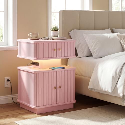 LED Light End Table with Charging Station, Pink Mid Century Bedside Table with USB Type A C Ports, Small Fluted Accent TV Control Nightstand with 2 Sliding Door for Living Room, Curvy Edge - color: Pink
