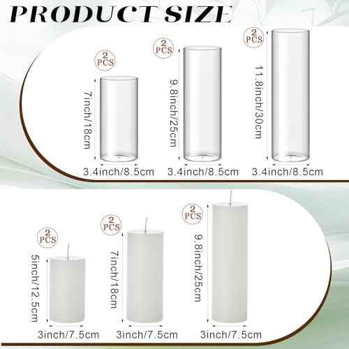 Shihanee Set of 6 Pillar Candles with Glass Cylinder Vases Clear Cylinder Hurricane Candleholders for Slim Tall Pillar Candles Wedding Table Centerpieces(3.4'' X 7", 9.8", 11.8",White) - color: White, size: 3.4'' X 7", 9.8", 11.8"