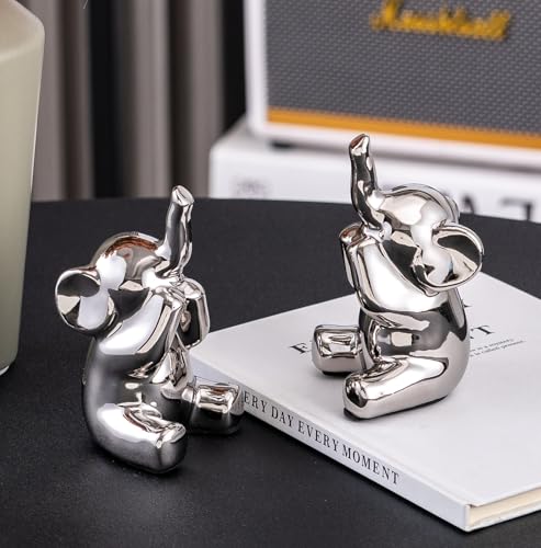 SURE YUESI Pair of Small Silver Elephant Figurines, Modern Boho Decorative Statues, Lucky Elephant Home Decor for Living Room, Bedroom, Office Desk & Shelf - color: 2/S Silvery Elephant