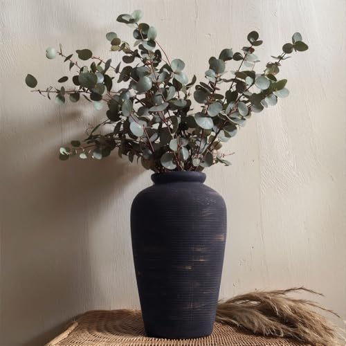 Large Black Ceramic Vase - 11" Tall Rustic Farmhouse Vase, Vintage Decorative Terracotta Vase for Dining Table, Shelf, Bedroom, Living Room, Kitchen, Office, Bathroom, Mantle, Centerpiece Décor