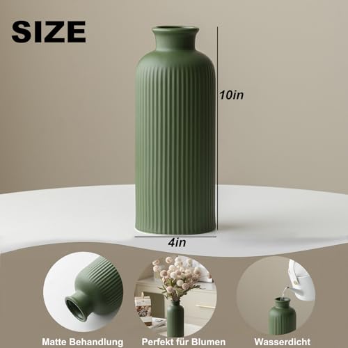Green Ribbed Ceramic Vase for Flowers, Modern Textured Decorative Vase, 10 Inch Tall, 4 Inch Width, Farmhouse Style Home Decor (Matte Glaze Green) - color: Green