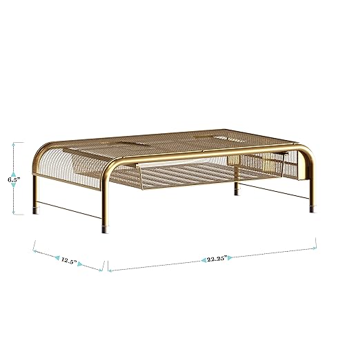 Martha Stewart Ryder Gold Mesh Metal Desktop Monitor Stand Riser with Organizer Drawer and Side Storage