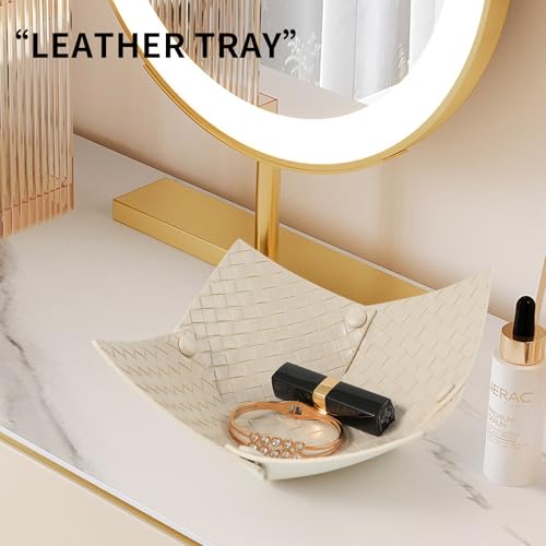 KINIVA 2 Pack PU Leather Jewelry Valet Tray for Men Women,Small Key Bowl for Entryway Table,Portable Travel Catchall Dice Tray (Bowl-White-2pcs) - style: Bowl-White-2pcs