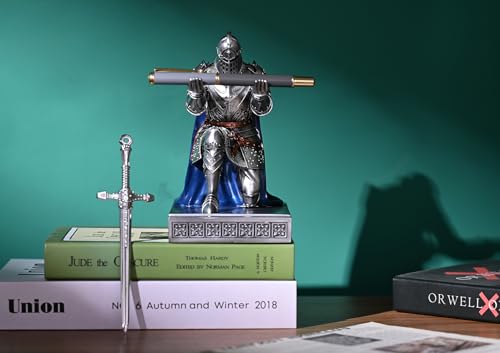 King's Guard Leader Cloak Warrior Knight Pen Holder Mobile Phone Stand, Ornament Knight Statue, Pen Stand Paperweight for Office and Home (SilverBlue) - color: Silverblue