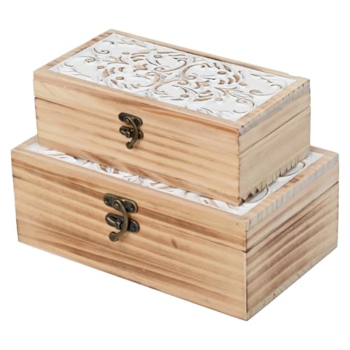 DECOR4SEASON Wooden Storage Box Set of 2 - Hand Carved Floral Decorative Boxes with Hinged Lids - Solid Pine Keepsake Organizer for Jewelry, Photos, and Rustic Farmhouse Home Décor - color: White&Brown, size: S&M