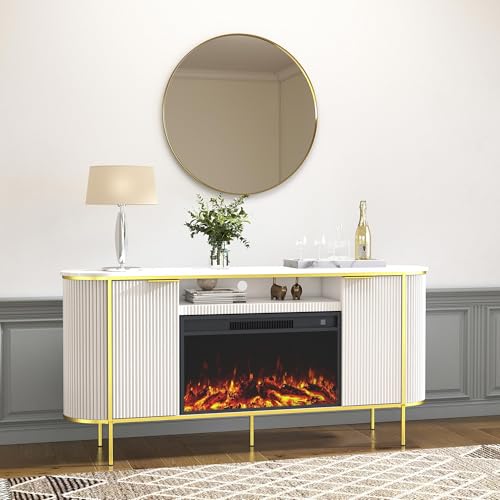 White Fireplace TV Stand: 70" Modern Luxury Fluted Electric Fireplace Heater Entertainment Center Fits TVs Up to 80 Inch, Faux Marble Top TV Console with Fireplace (White, 70 Inch Fireplace TV Stand)