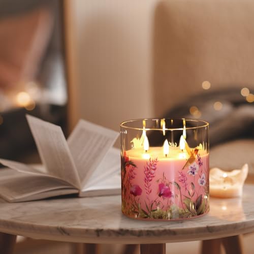 Eywamage 3 Wick Flameless Candle with Remote, Pink Hummingbird Floral Glass LED Candle, Large Battery Pillar Candle Φ 6" H 6" - color: Pink Hummingbird