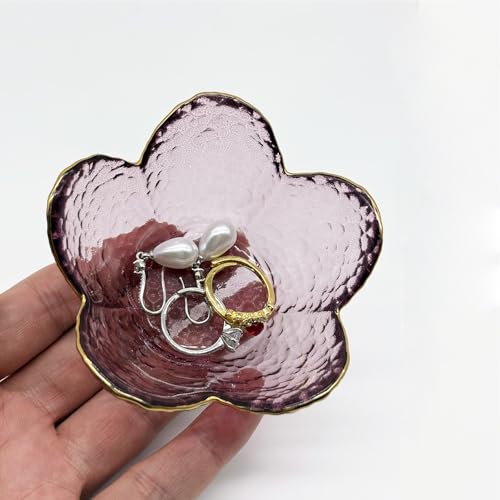 Purple Flower Ring Dish, Small Glass Jewelry Dish Tray, Ring Holder Jewlery Tray Trinket Dish, Bathroom Nightstand Decor Jewelry Bowl Christmas Friendship Birthday Gifts for Women, Soap Dish - color: Purple